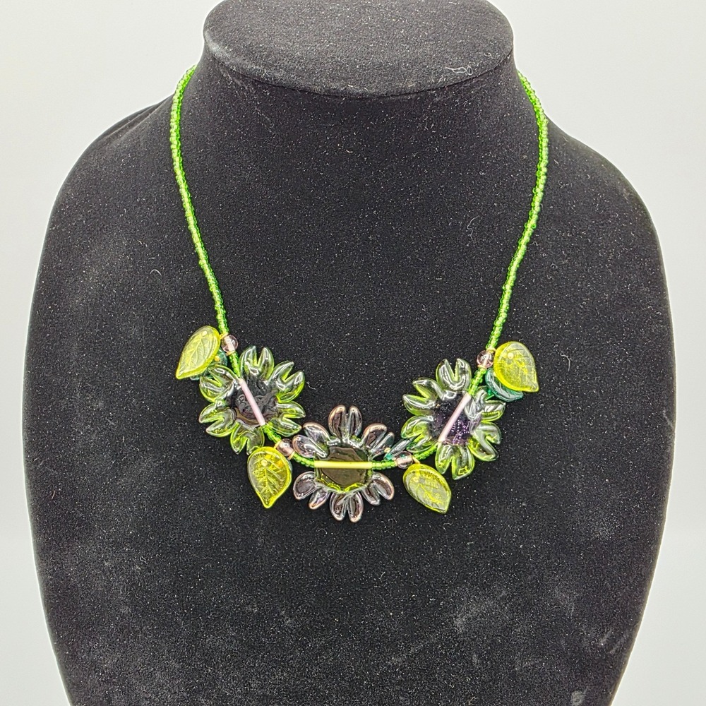 Vintage Purple Green Flower Leaf Necklace Gold Tone Wedding Fashion Jewelry 20"